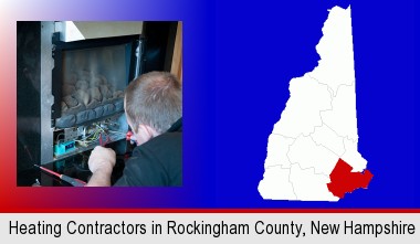 a heating contractor servicing a gas fireplace; Rockingham County highlighted in red on a map