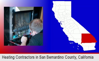 a heating contractor servicing a gas fireplace; San Bernardino County highlighted in red on a map