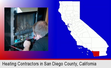 a heating contractor servicing a gas fireplace; San Diego County highlighted in red on a map