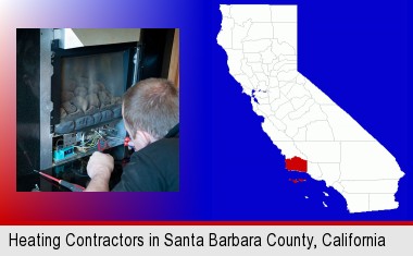 a heating contractor servicing a gas fireplace; Santa Barbara County highlighted in red on a map