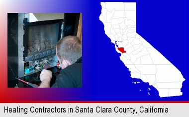 a heating contractor servicing a gas fireplace; Santa Clara County highlighted in red on a map