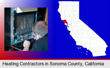 a heating contractor servicing a gas fireplace; Sonoma County highlighted in red on a map