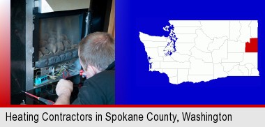a heating contractor servicing a gas fireplace; Spokane County highlighted in red on a map
