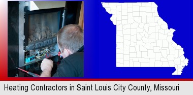a heating contractor servicing a gas fireplace; St Louis City highlighted in red on a map