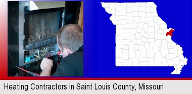 a heating contractor servicing a gas fireplace; St Francois County highlighted in red on a map