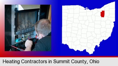 a heating contractor servicing a gas fireplace; Summit County highlighted in red on a map