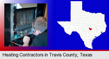 a heating contractor servicing a gas fireplace; Travis County highlighted in red on a map