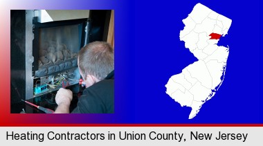 a heating contractor servicing a gas fireplace; Union County highlighted in red on a map