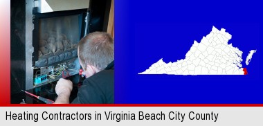a heating contractor servicing a gas fireplace; Virginia Beach City County highlighted in red on a map