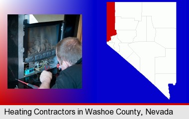 a heating contractor servicing a gas fireplace; Washoe County highlighted in red on a map
