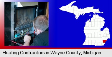 a heating contractor servicing a gas fireplace; Wayne County highlighted in red on a map