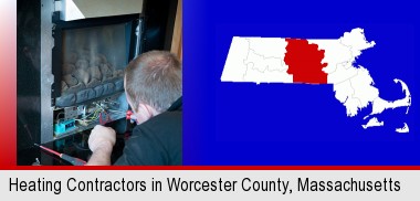 a heating contractor servicing a gas fireplace; Worcester County highlighted in red on a map